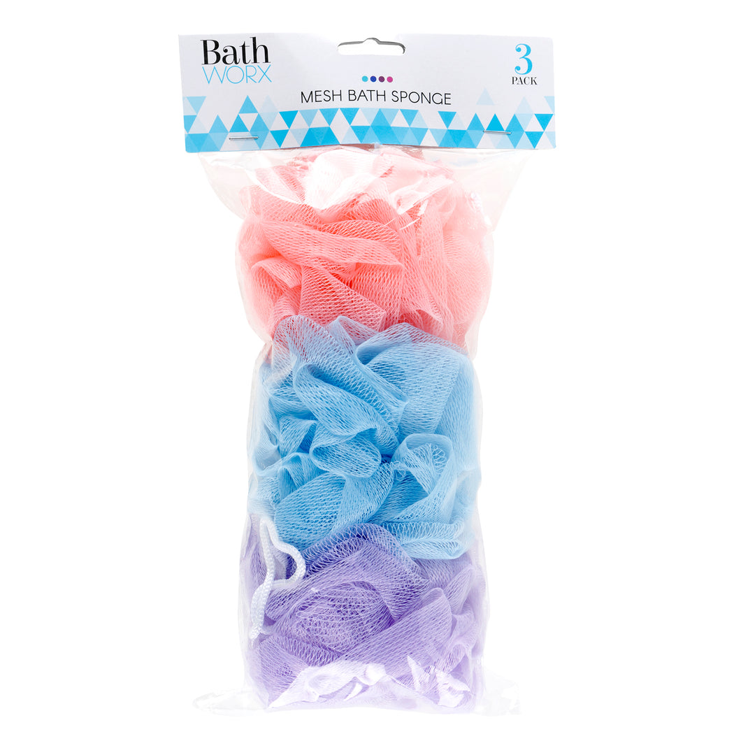 Sponge Bath Mesh Pk3 Asstd Cols Pink Blue White
