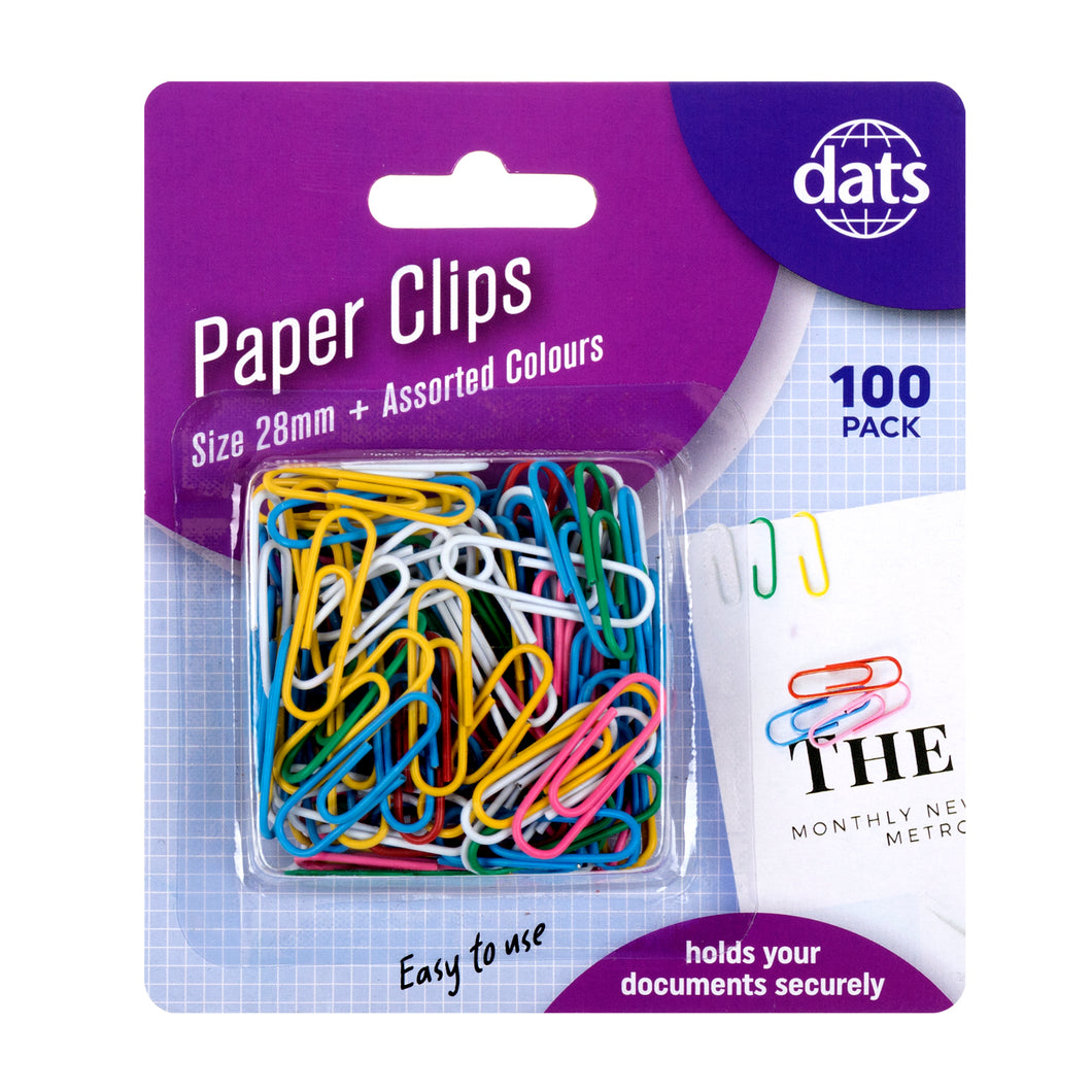 Paper Clips 28mm 100pk Mixed Colours PVC Coating