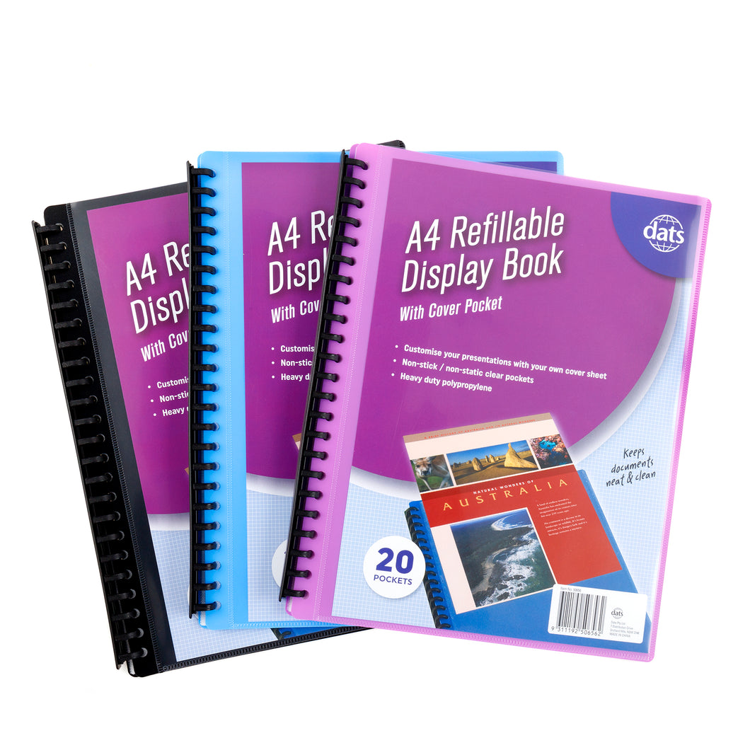 Display Book PP Cover w Insert A4 20 Pockets Assorted Colours