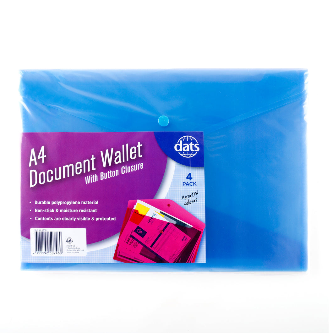 Document Wallet PP w Button Closure A4 4pk Mixed Colours