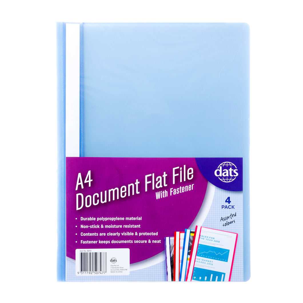 Document File Flat PP A4 w Fastener 4pk Mixed Colours