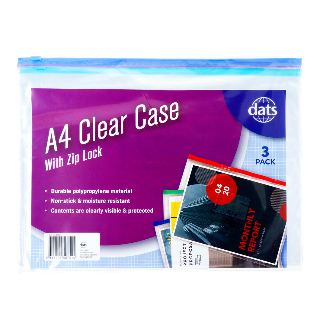 Clear Case Zip A4 Clear 3pk