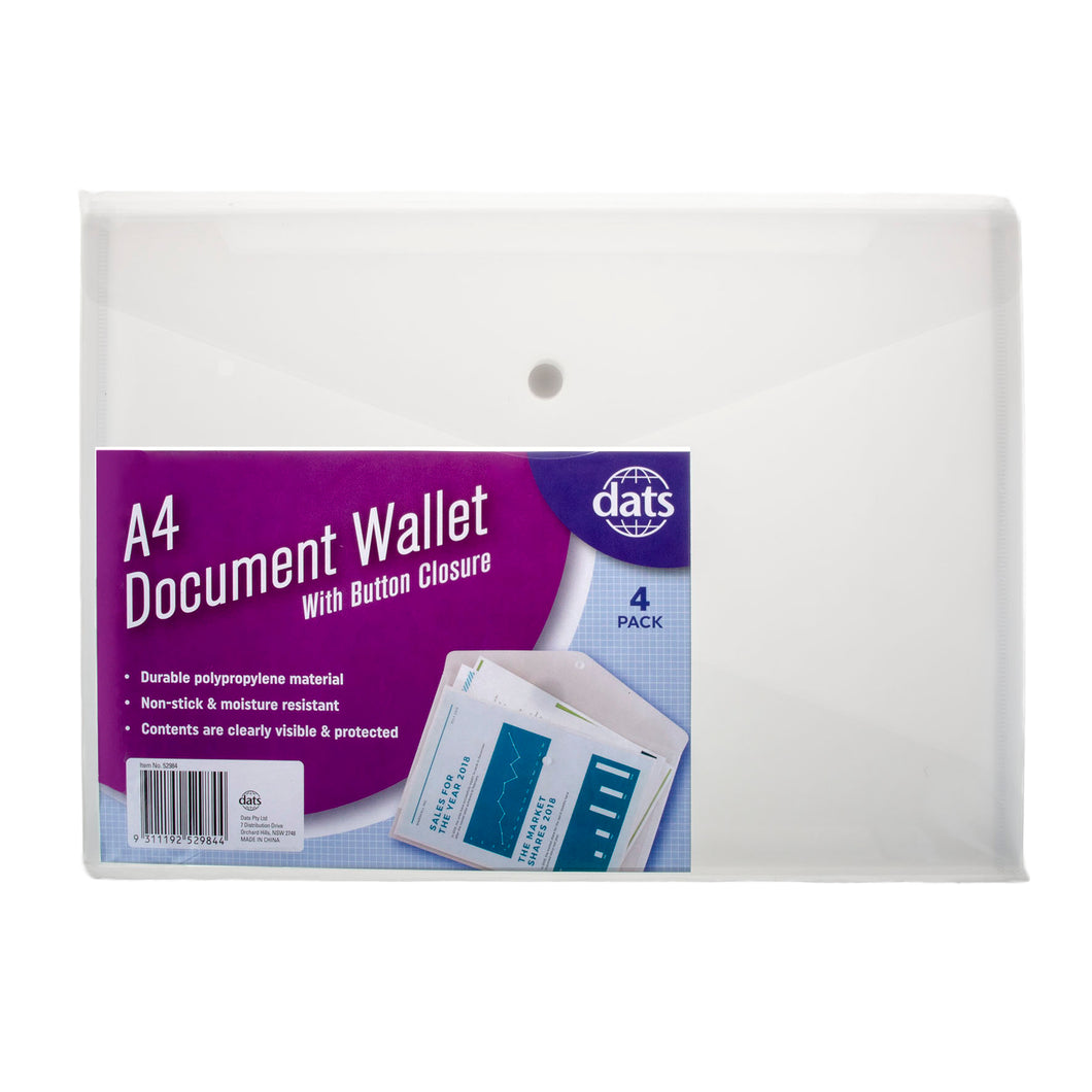 Document Wallet PP with Button Closure A4 4pk Clear