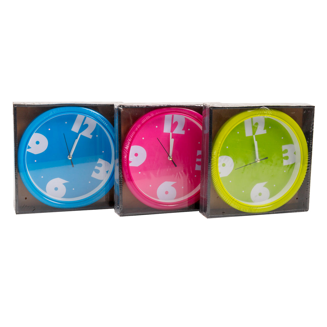 Clock Wall 20x20cm with Coloured Frame and Plate 3 Assorted