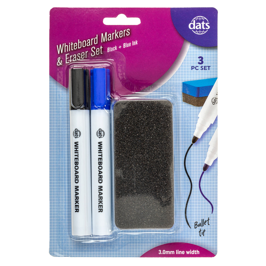Marker Whiteboard Eraser 3pc Set Mixed Black Blue Ink