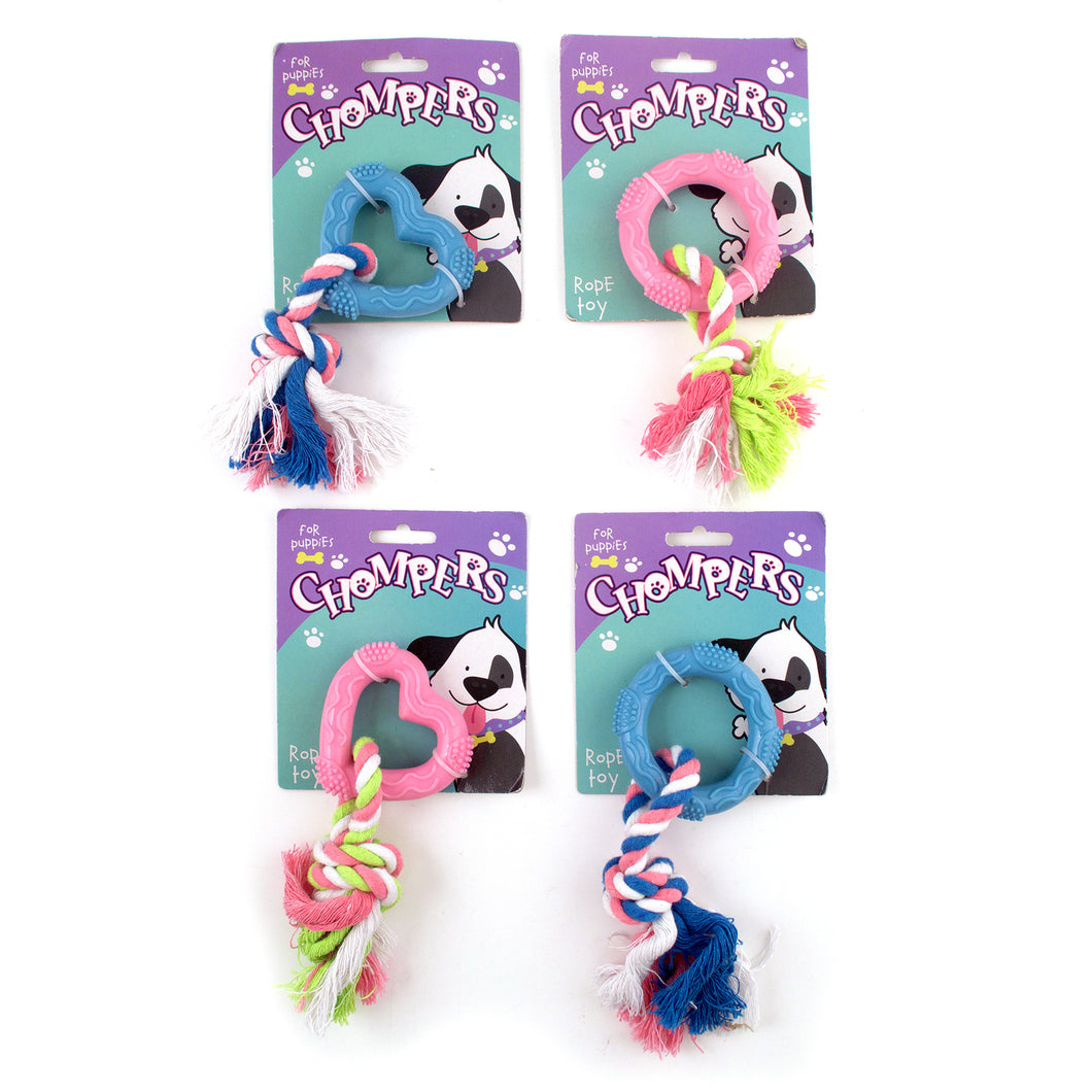 Dog Puppy Toy Rope Tug 20cm w TPR Ring or Heart 4 Asstd