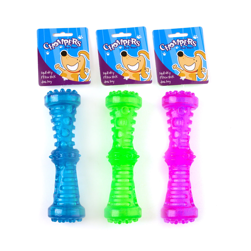 Dog Toy Fetch Stick w Squeak 18cm 3 Asstd Colours TPR