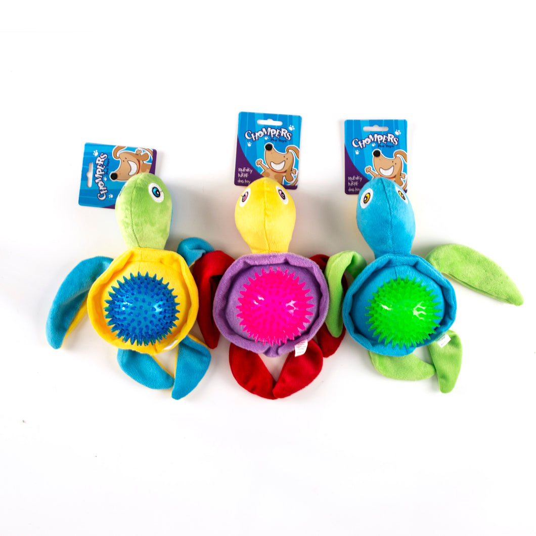 Dog Toy Plush Turtle w Squeaky Spike Ball 27cm 3 Asstd
