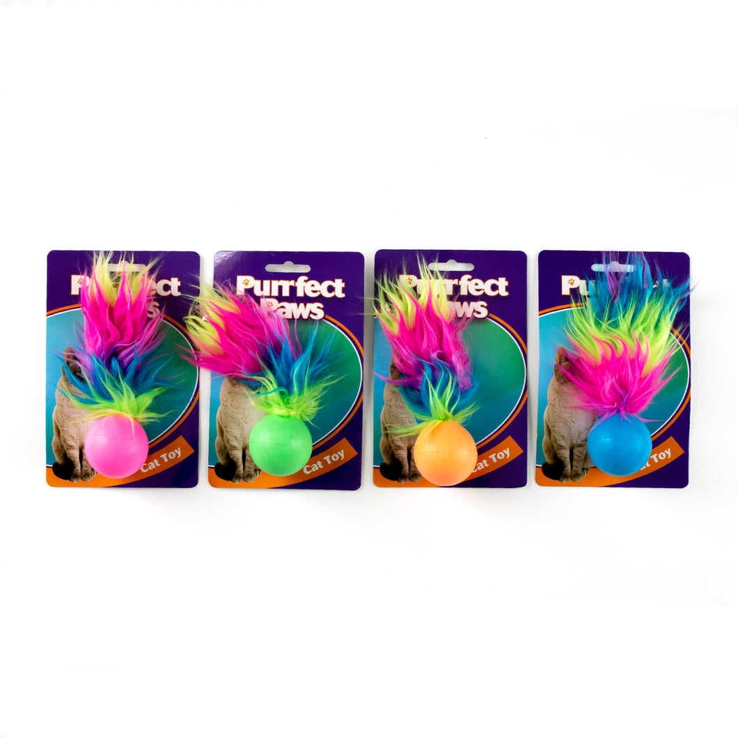 Cat Toy TPR Ball w Feather Tail & Bell 4 Asstd Colours