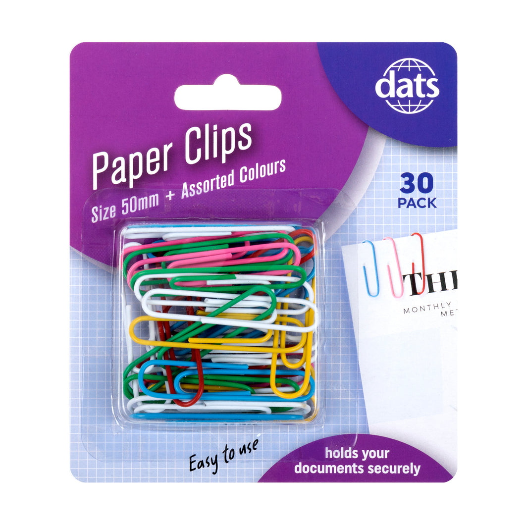 Clip Paper 50mm 30pk Mixed Cols PVC Coating