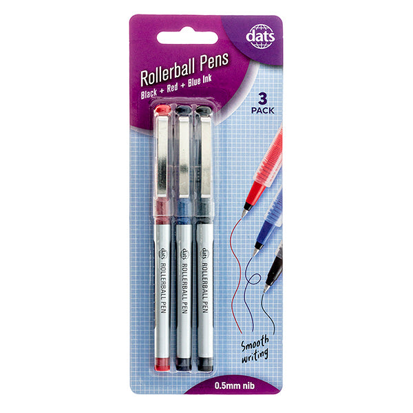Pen Rollerball 3pk Mixed Black Blue Red Ink