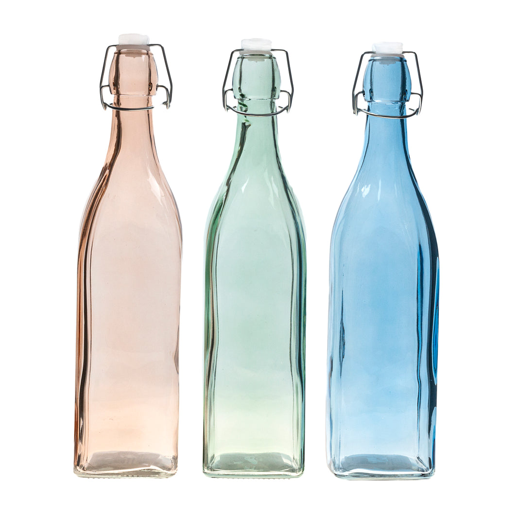 Glass Bottle Coloured Square 950ml 3 Asstd Cols