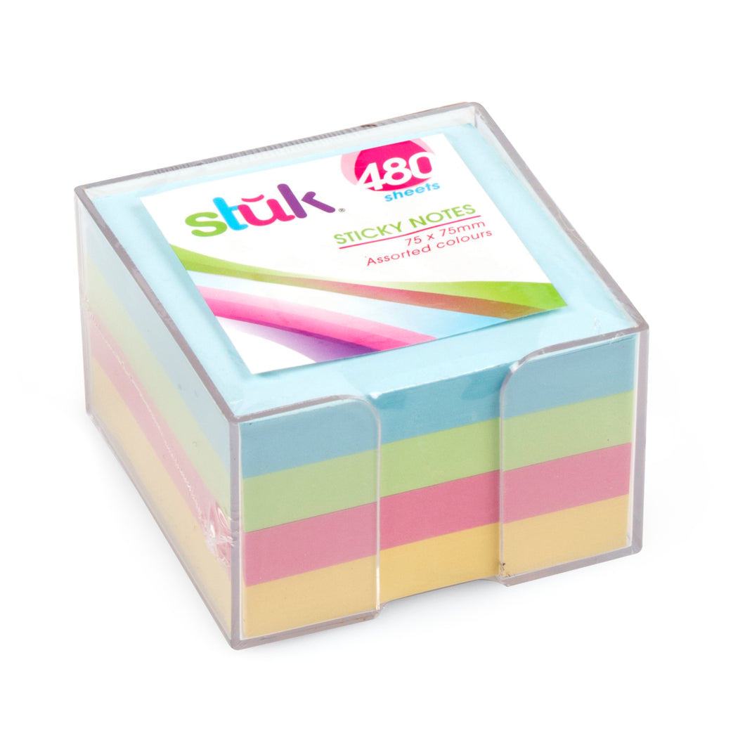 Note Sticky 75x75mm 480 sheets 4 Pastel Cols in Clear Case