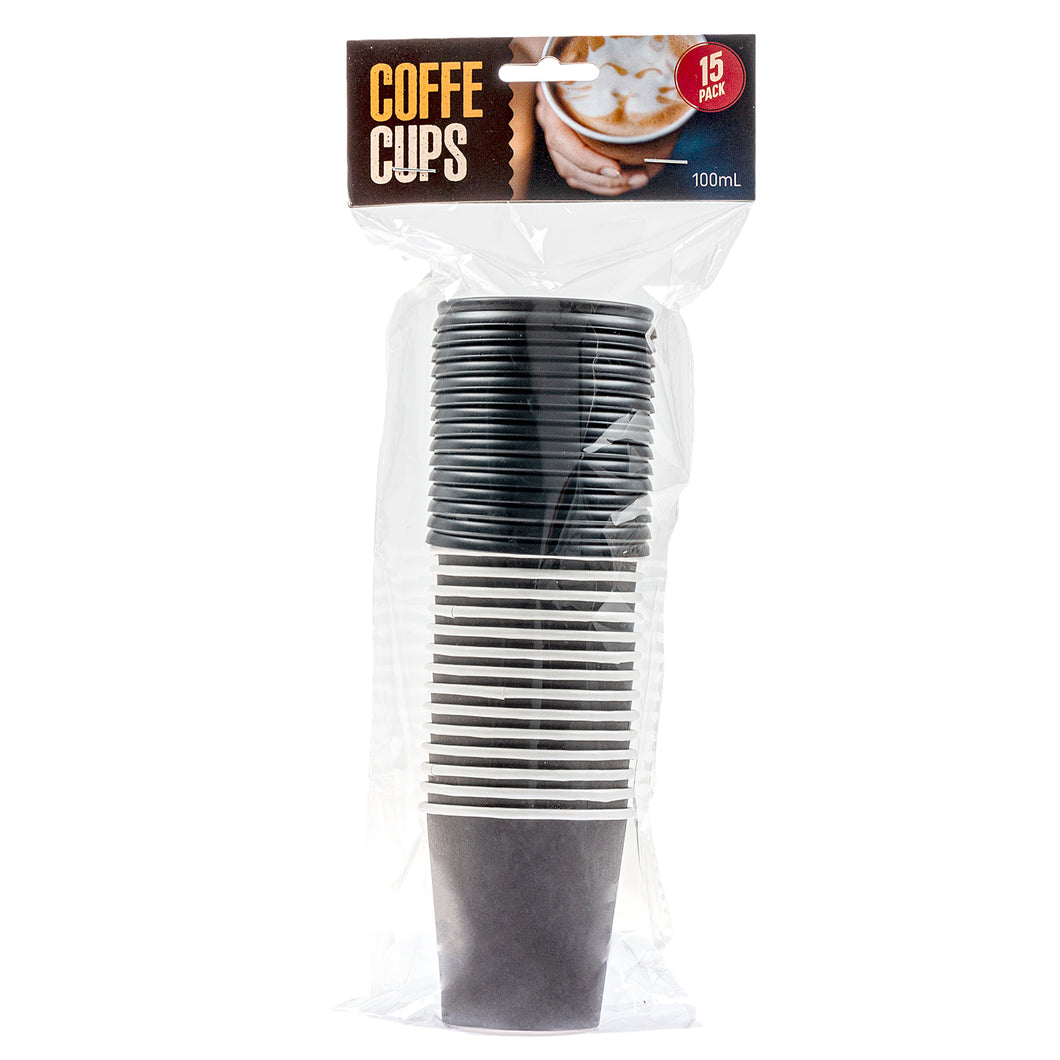 Paper Coffee Cups w Lid Black Ripple Pk15 100ml