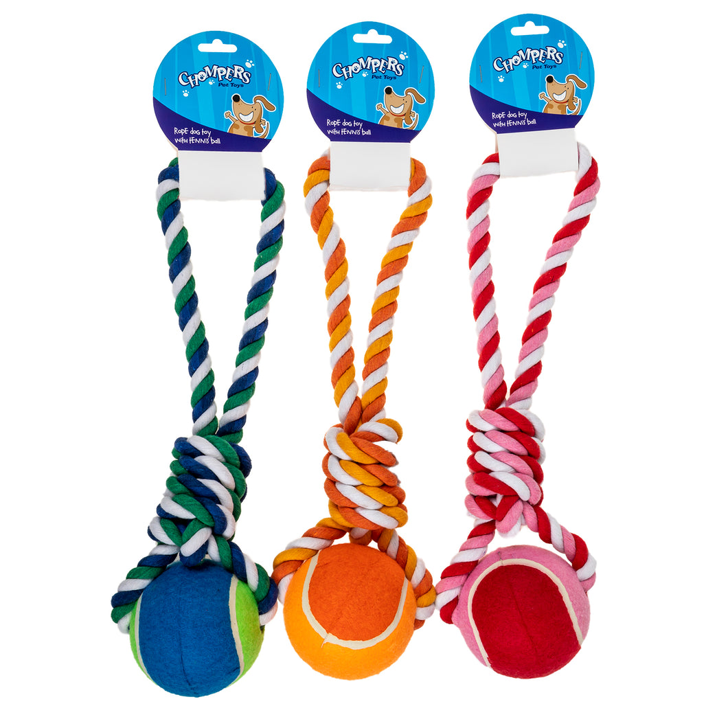 Dog Toy Rope w Tennis Ball L42cm 3 Asstd Colours