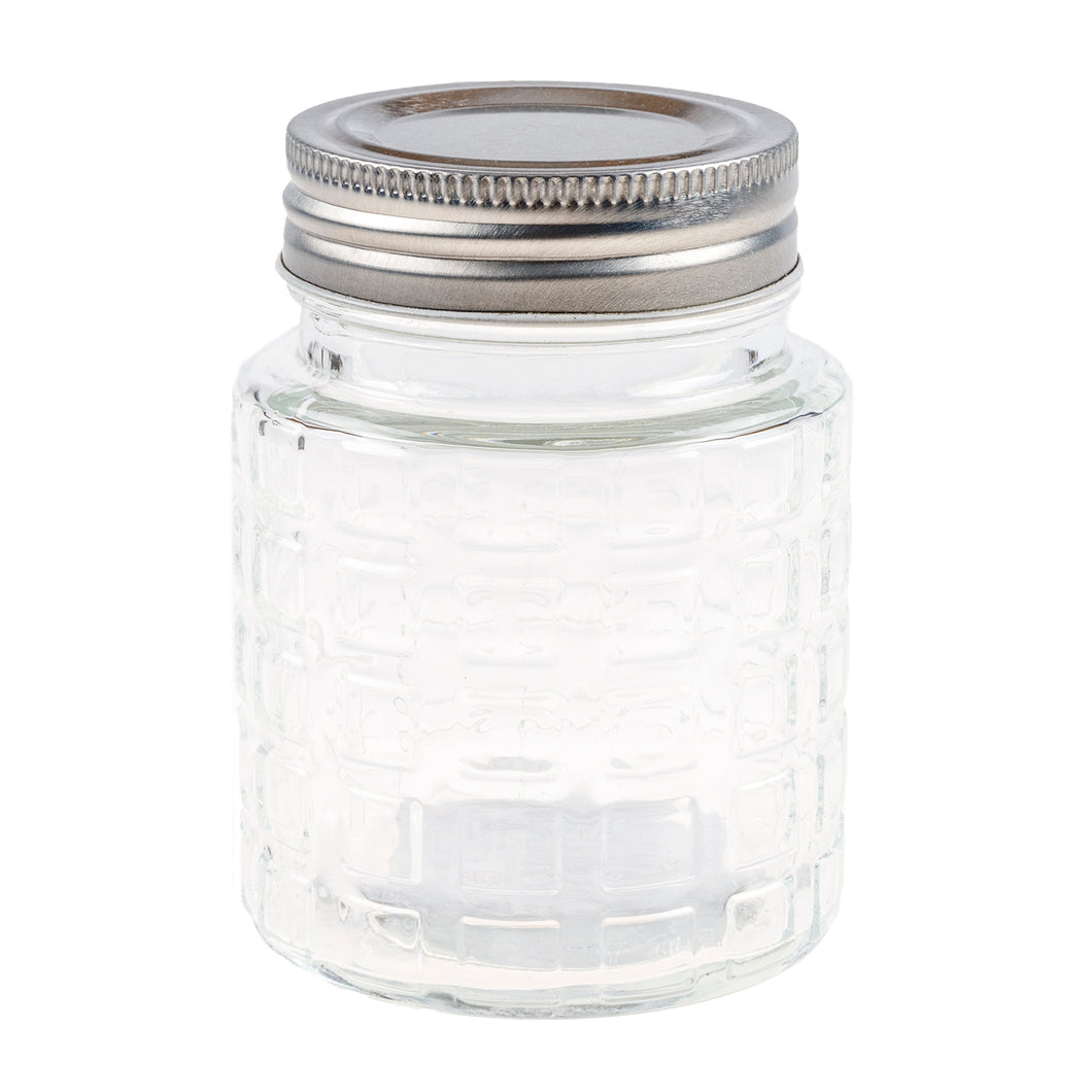 Glass Jar Squares Embossed w Silver Tin Lid 300ml