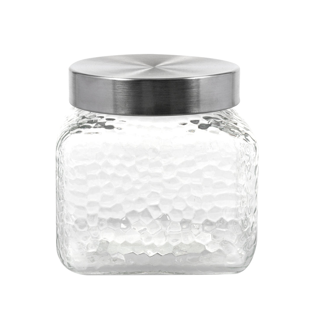 Glass Jar Square Honeycomb Embossed w S/Steel Lid 1200ml