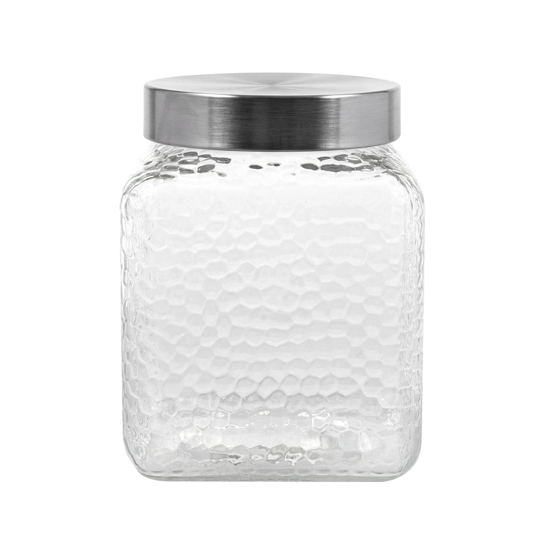 Glass Jar Square Honeycomb Embossed w S/Steel Lid 1750ml