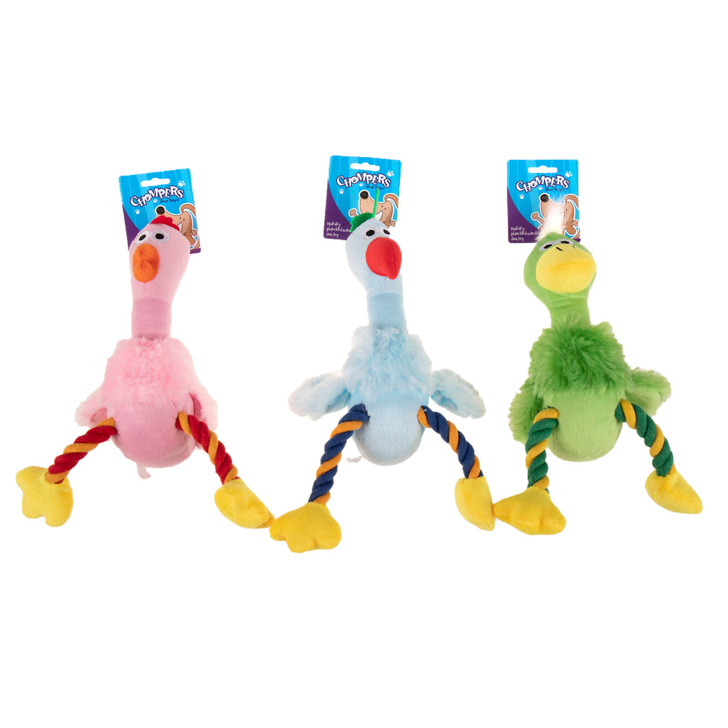Dog Toy Plush Squeaky Bird w Rope 24cm 3 Asstd