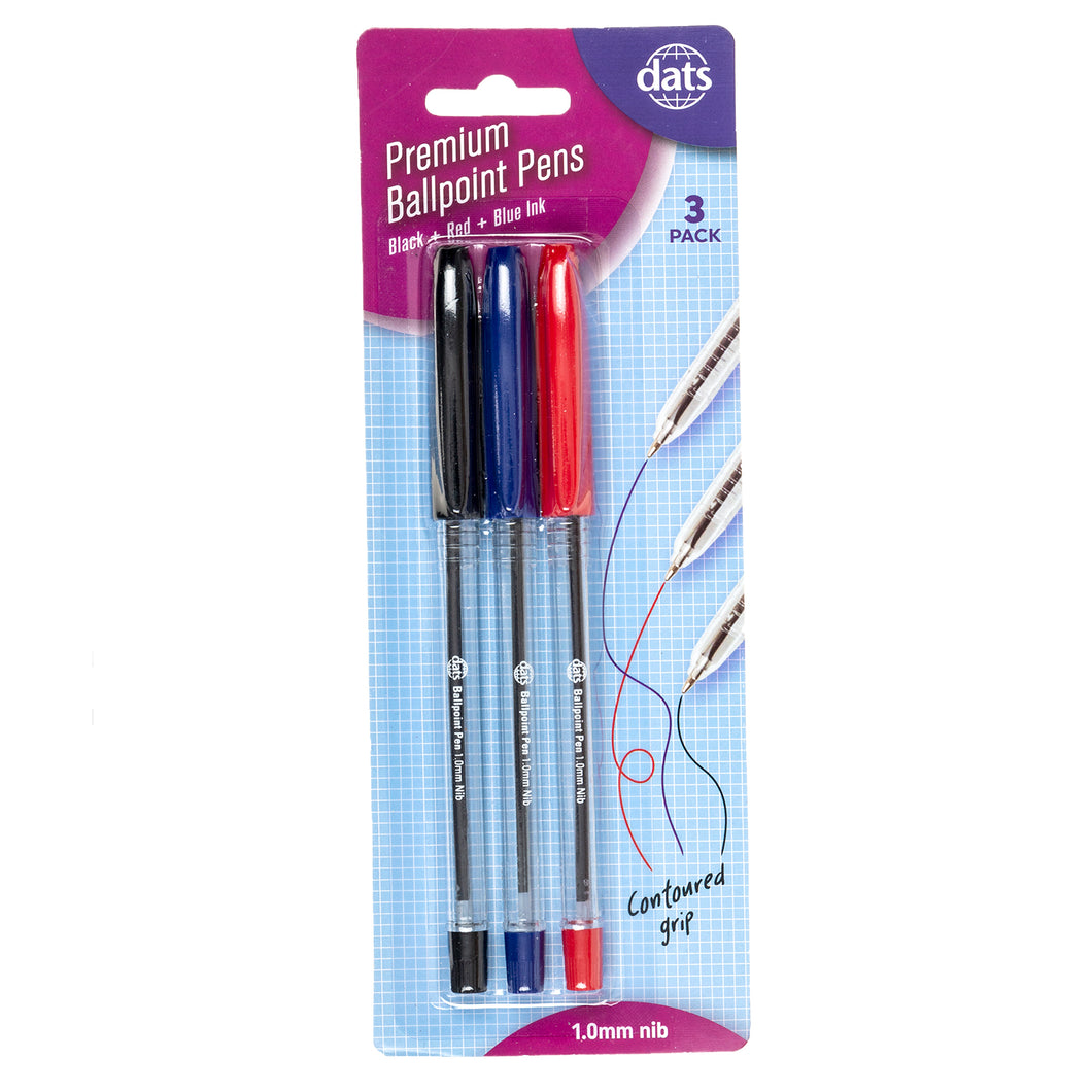 Pen Ballpoint Premium w Cap 3pk Mixed Black Blue Red Ink