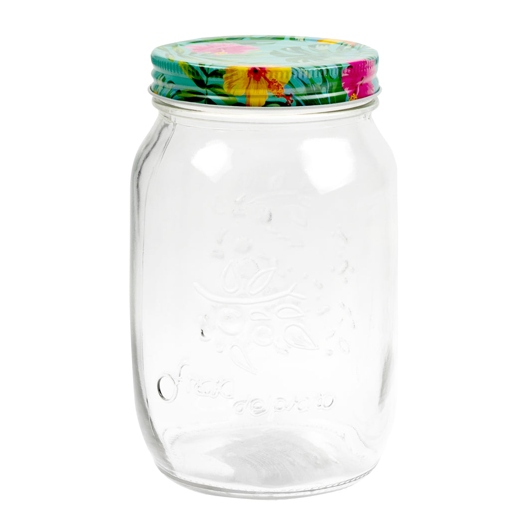 Glass Conserve Jar w Printed Tin Lid Tropical Des 1L
