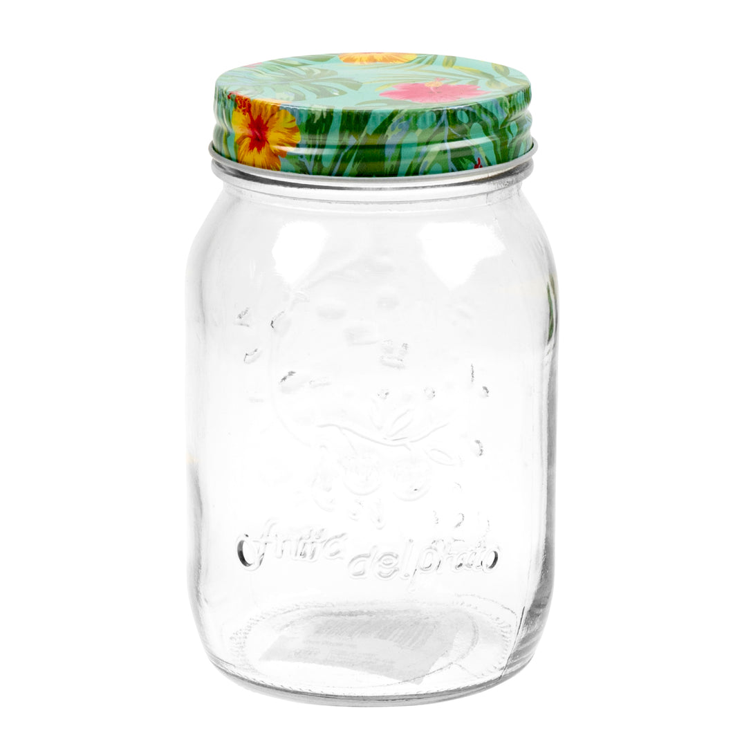 Glass Conserve Jar w Printed Tin Lid Tropical Des 500ml