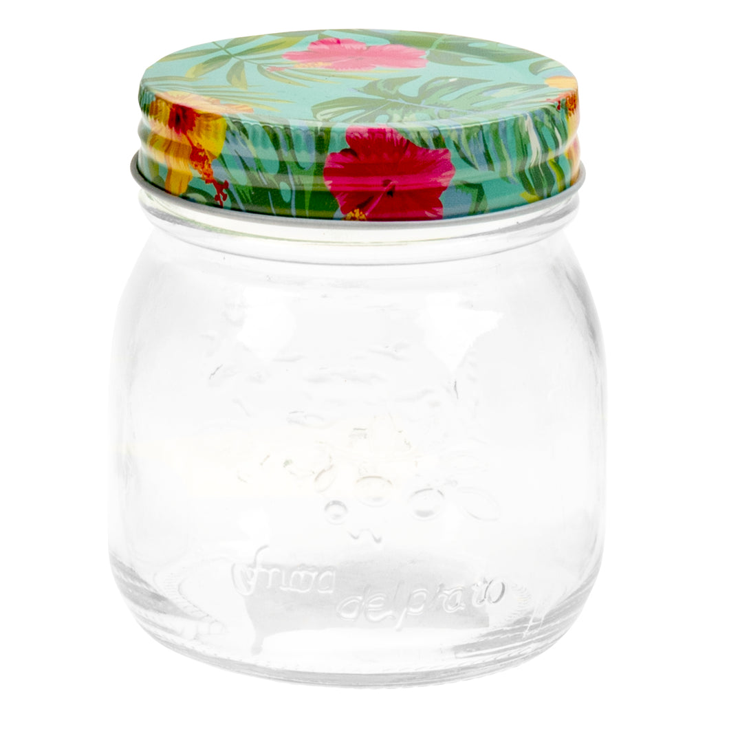 Glass Conserve Jar w Printed Tin Lid Tropical Des 300ml
