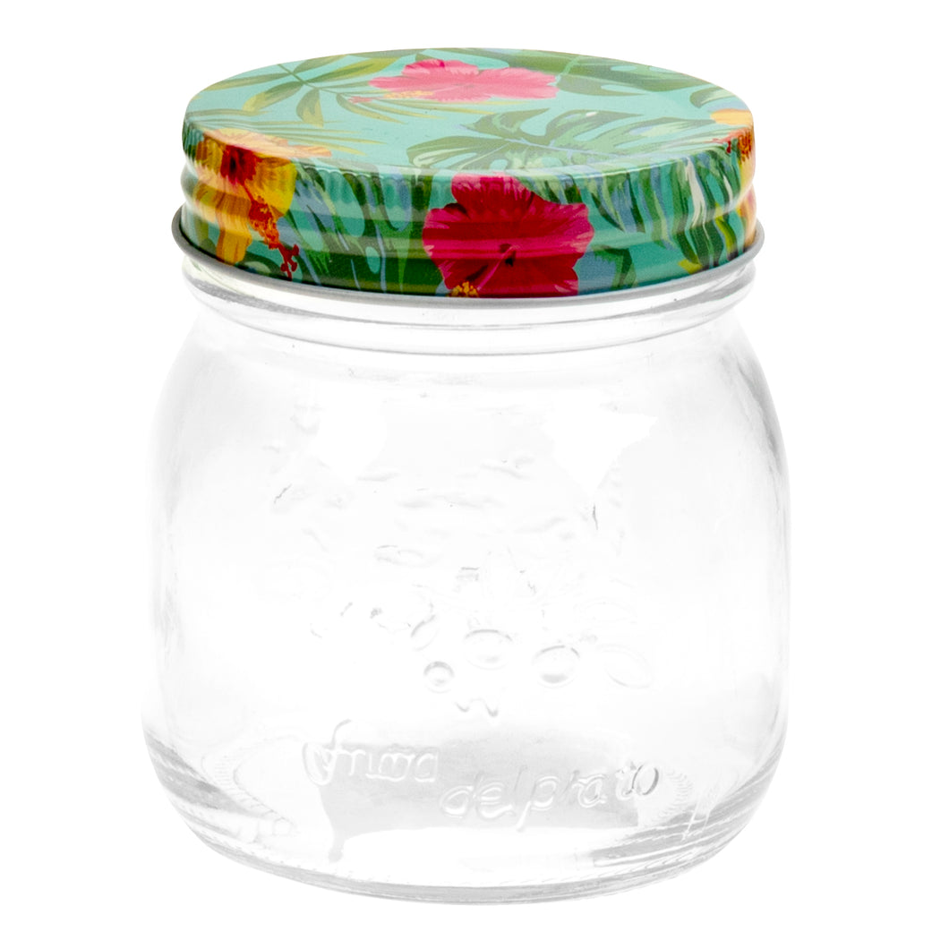 Glass Conserve Jar w Printed Tin Lid Tropical Des 150ml