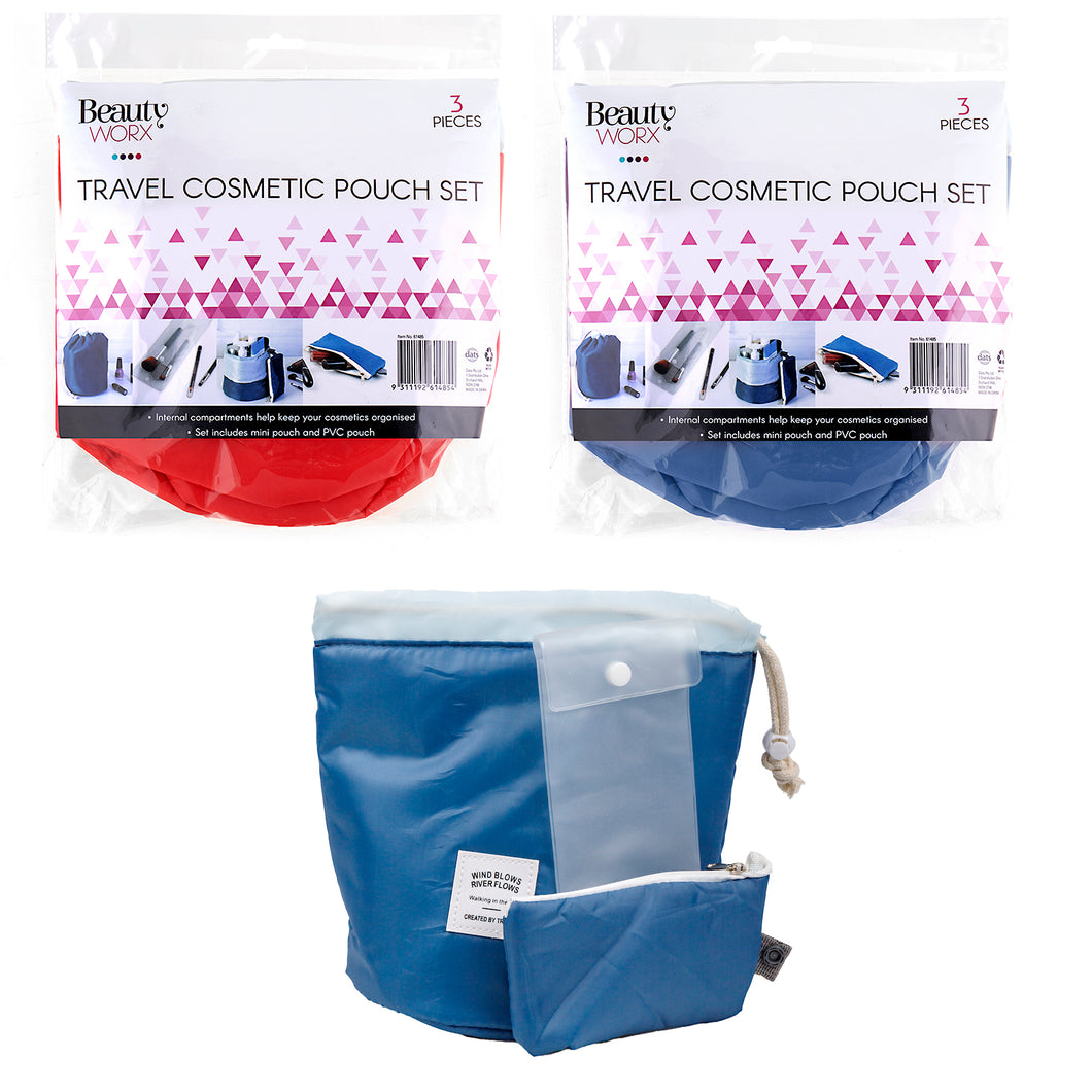 Cosmetic Bag Drawstring Bucket 3Pc Set 2 Asstd Cols 24x22.5cm