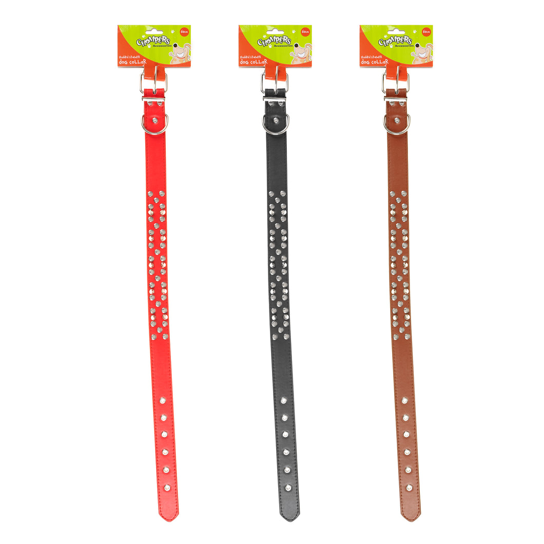 Collar Dog Leather Studded 3x60cm 3 Asstd Colours