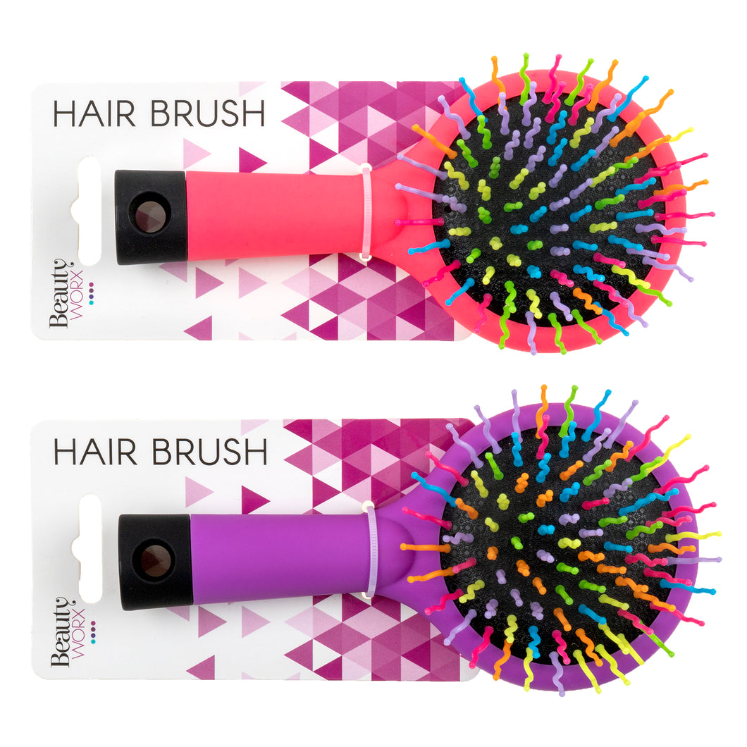 Hair Brush Coloured Bristles w Mirror Small Round 2 Asstd Col