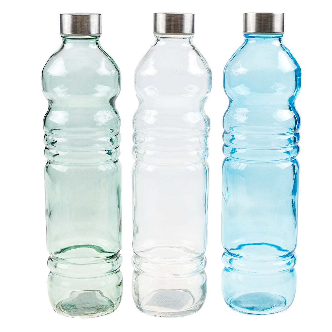 Glass Bottle w S/Steel Lid 3 Asstd Cols 1100ml