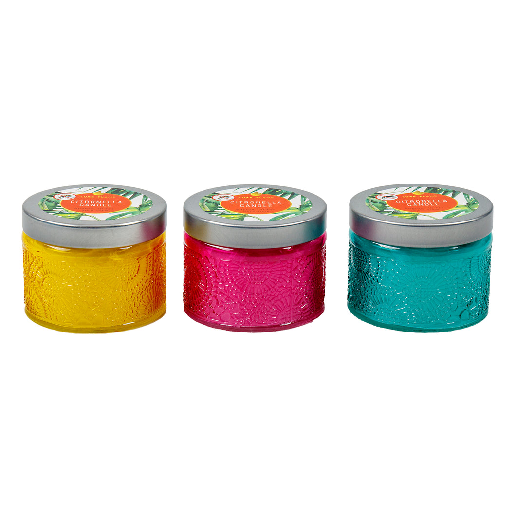 Candle Citronella Glass Pot w Lid Asstd Colours 7x5.5cm 10hr