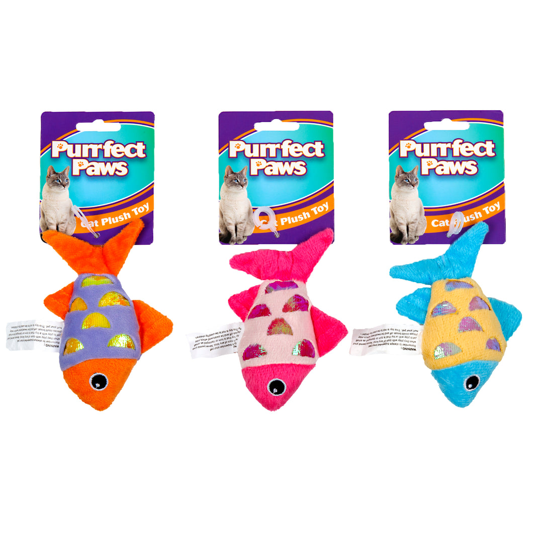 Cat Toy Plush Fish w Shimmer 3 Asstd Colours