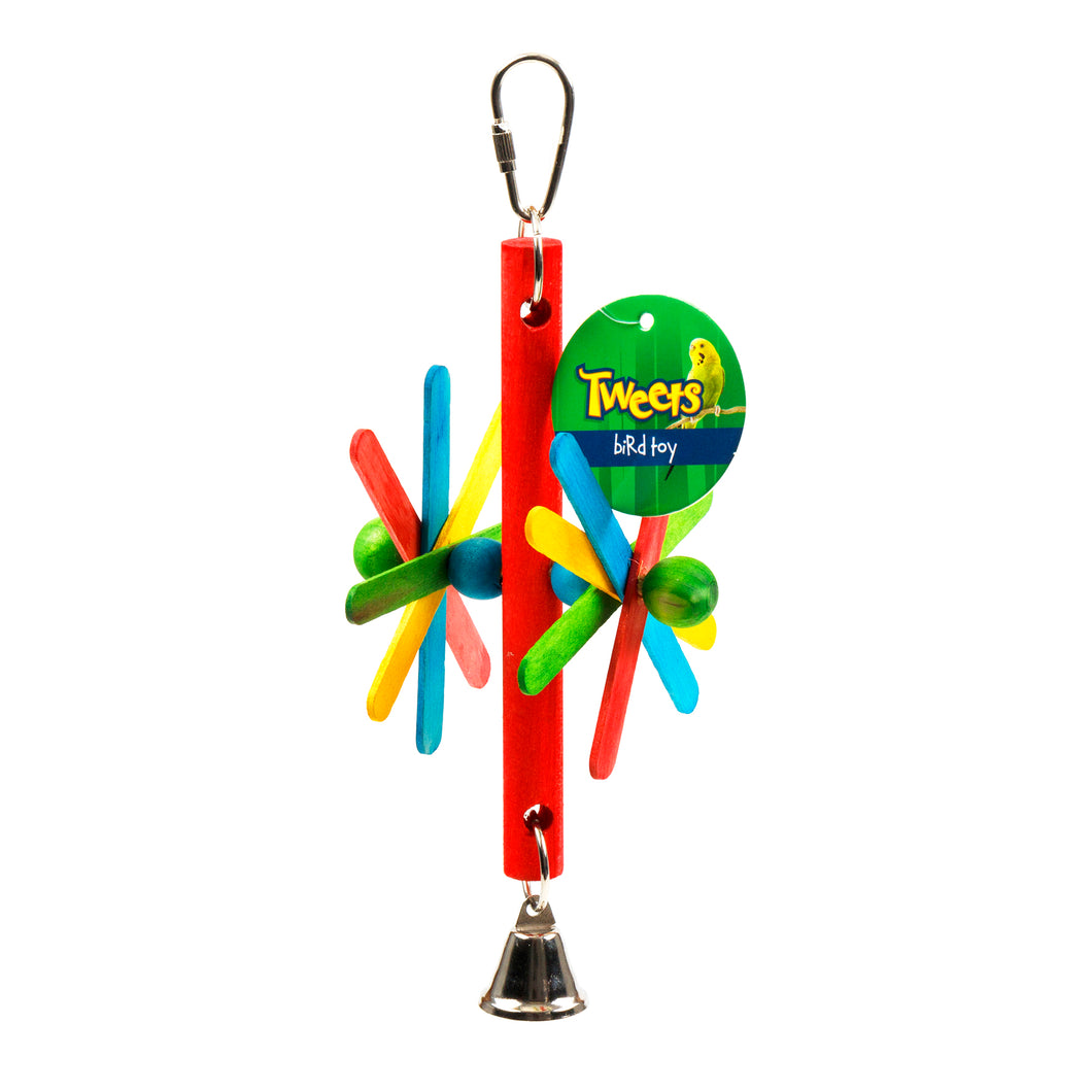 Bird Toy Hanging Wooden Windmill w Bell 20cm