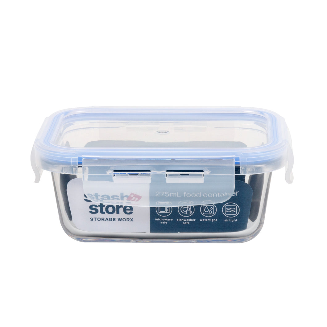 Glass Storage Container Rectangle w Lock Lid 275ml