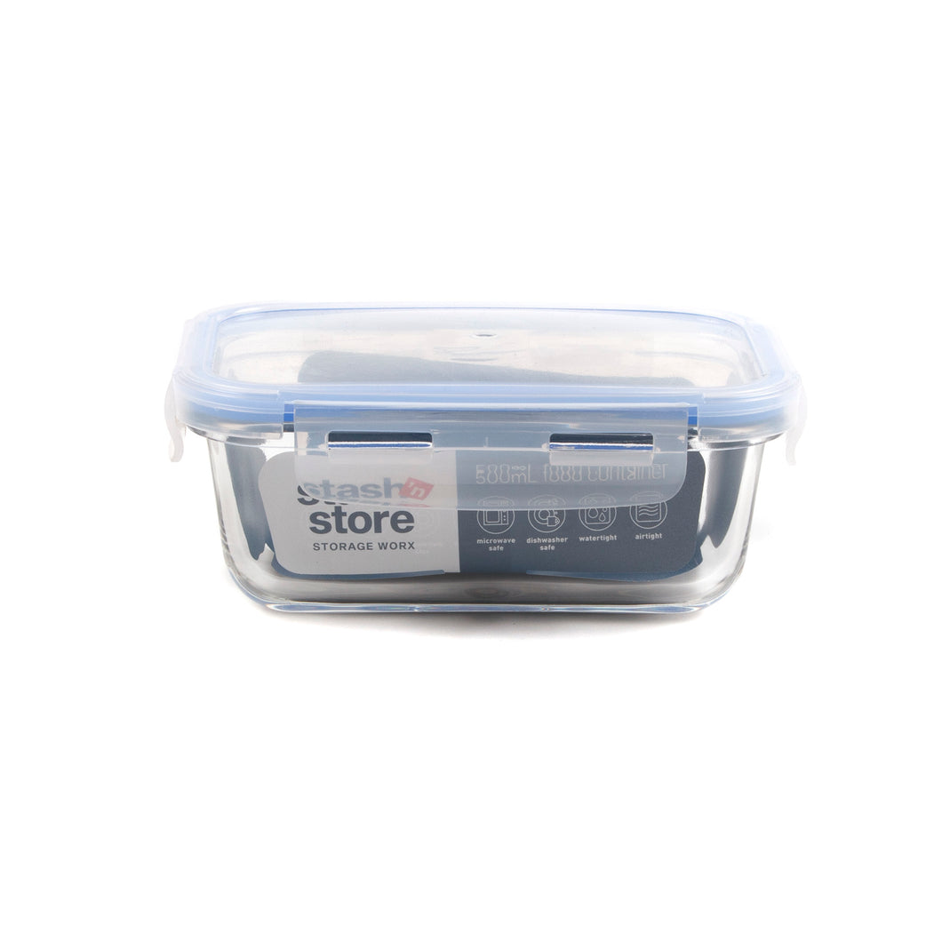Glass Storage Container Rectangle w Lock Lid 500ml
