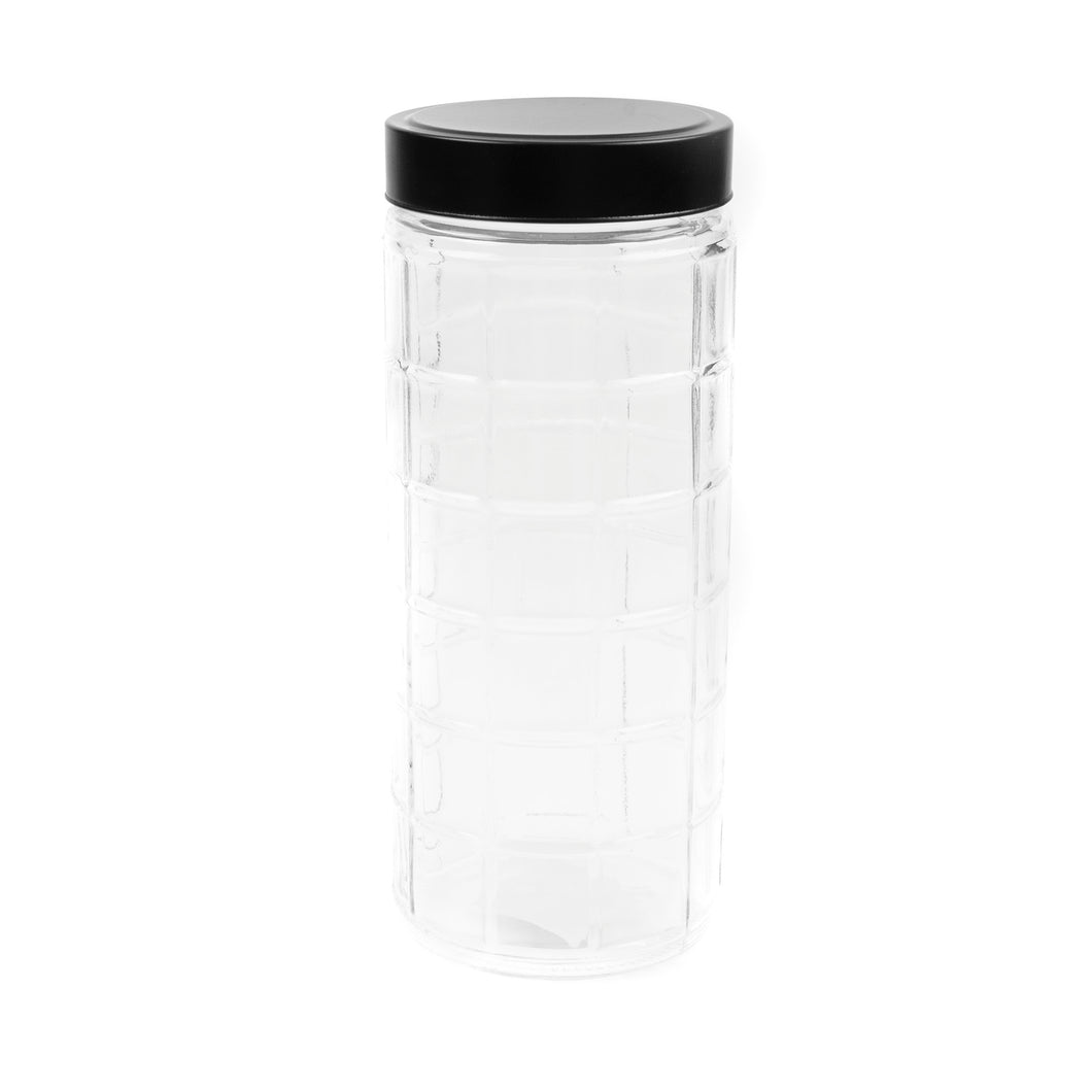 Glass Jar Grid Des w Black Lid 11x11x27cm 2200ml