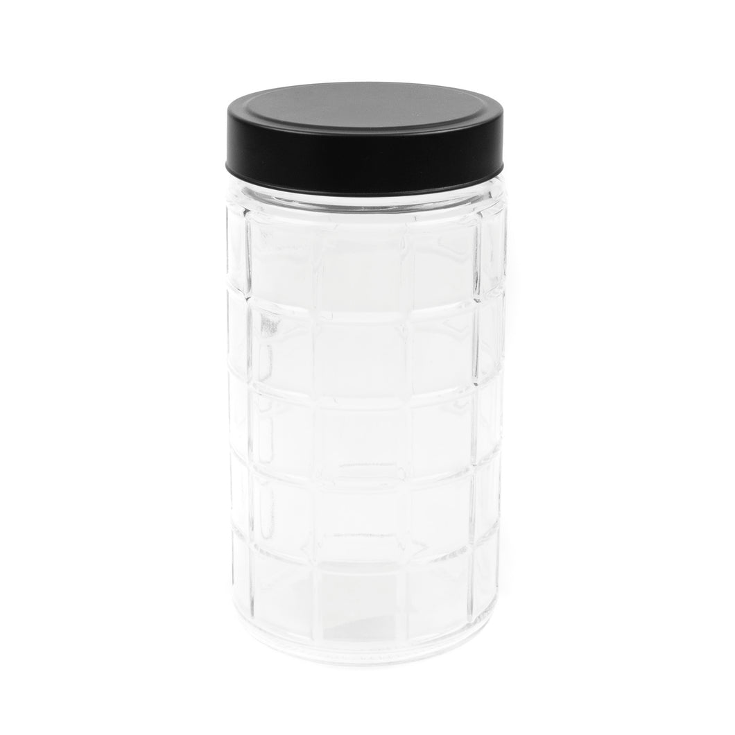 Glass Jar Grid Des w Black Lid 11x11x12cm 1700ml