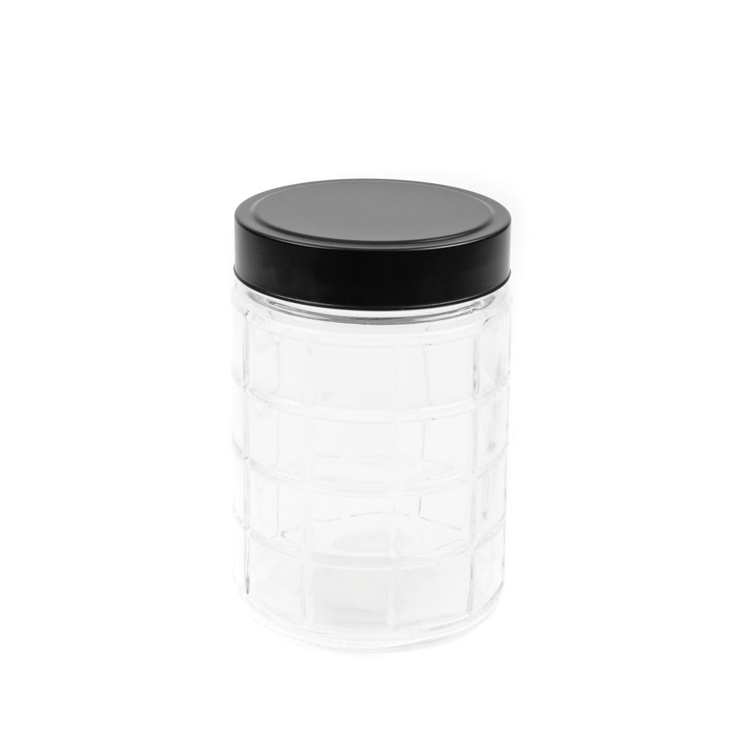 Glass Jar Grid Des w Black Lid 11x11x17cm 1250ml