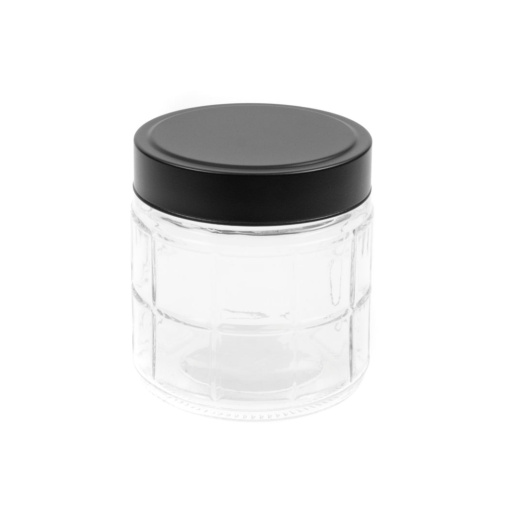Glass Jar Grid Des w Black Lid 11x11x12cm 850ml