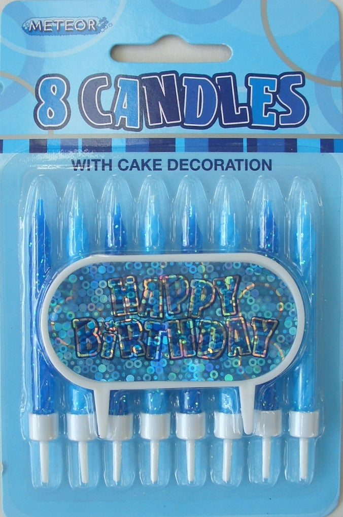 8 GLITZ CANDLES W/DECO - BLUE