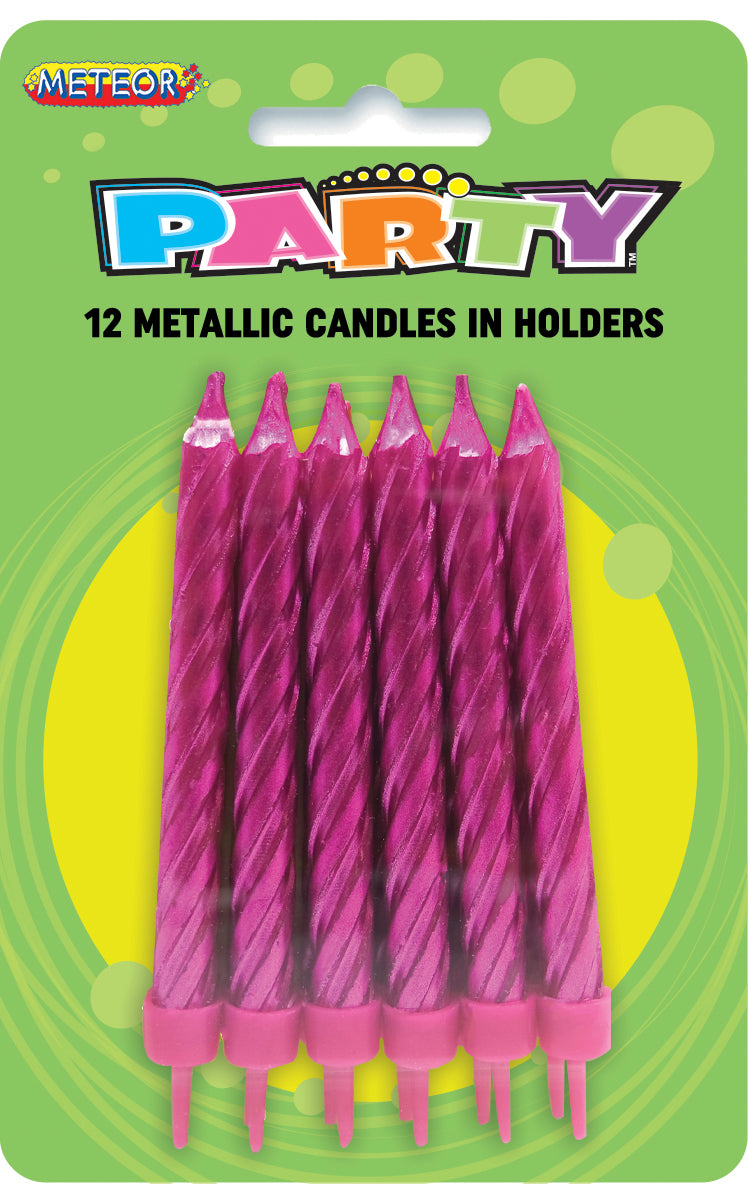12 METALLIC CANDLES/HLDS - HOT PINK