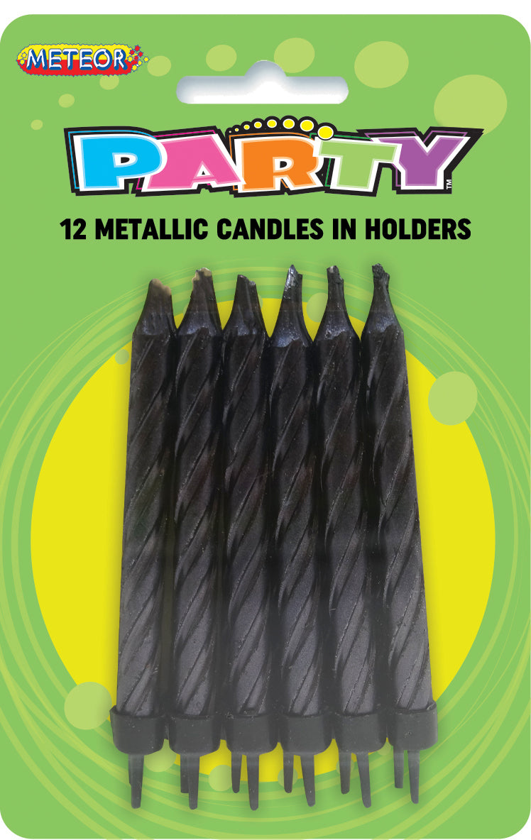 12 METALLIC CANDLES/HLDS - BLACK