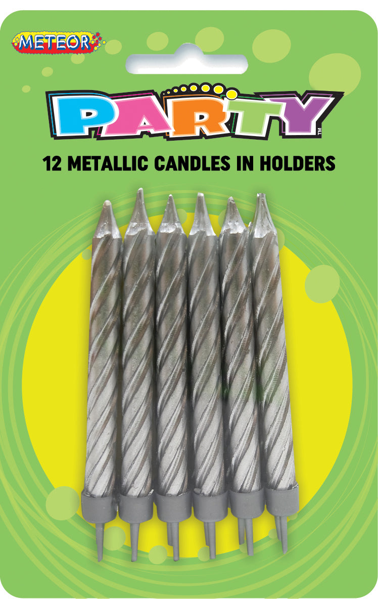 12 METALLLIC CANDLES/HLDS - SILVER