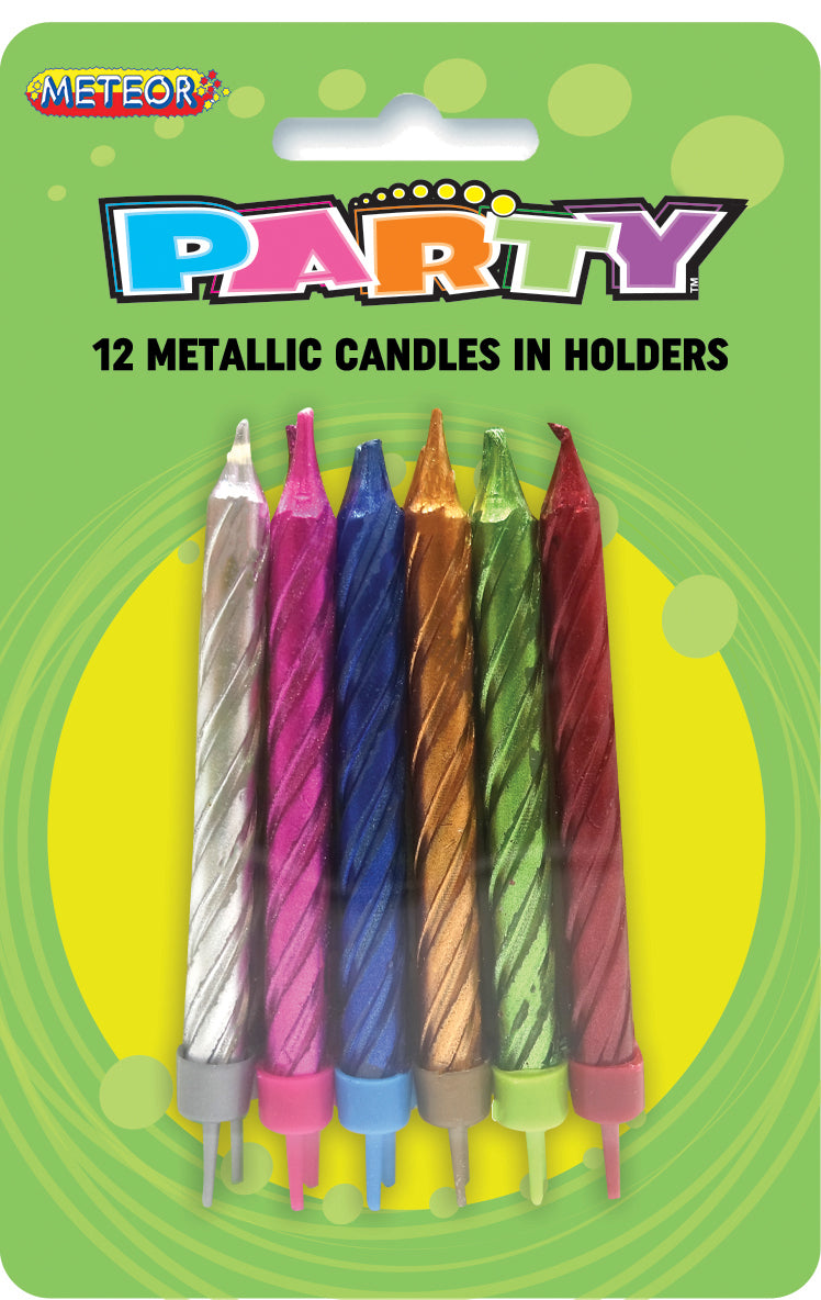 12 METALLIC CANDLES IN HLDS - ASST
