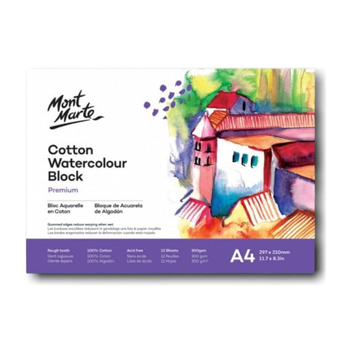 Monte Marte Cotton Watercolour Paper Block 300gsm A4 12 Sht