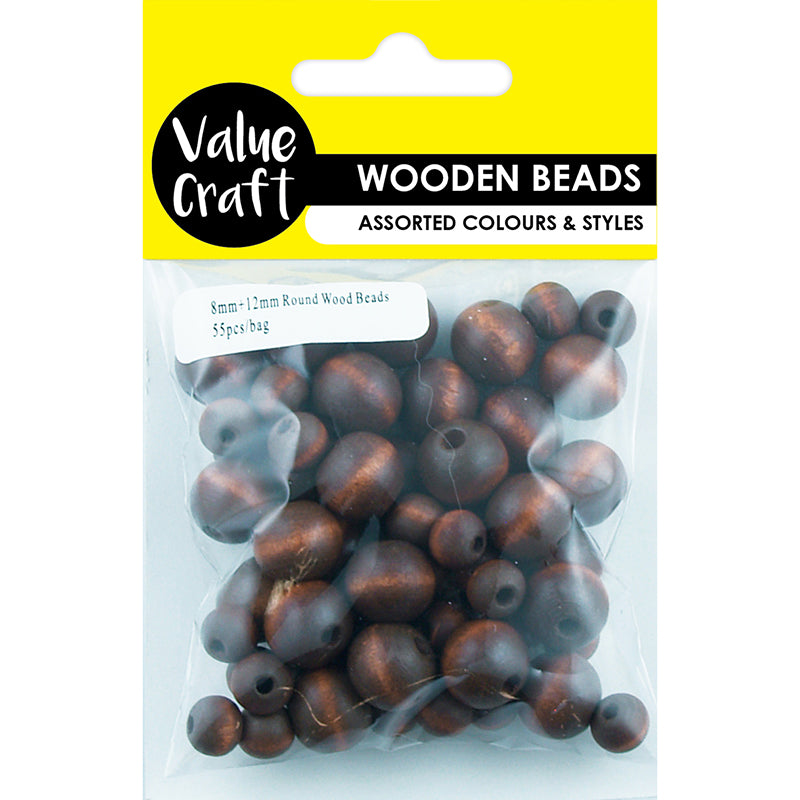 BEAD WOOD ROUND 12MM  + 8MM BROWN 55PCS