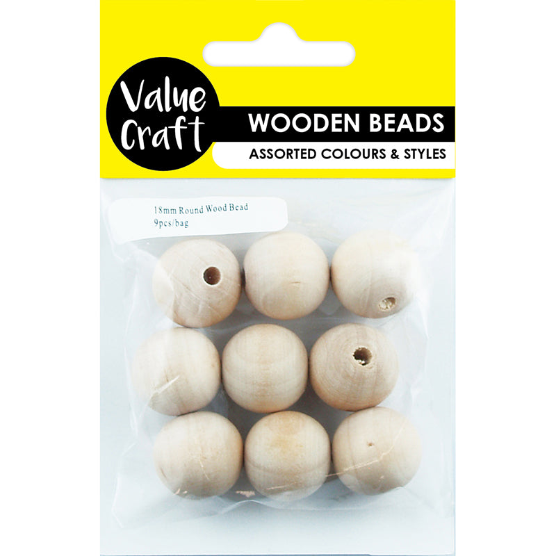 BEAD WOOD ROUND 18MM NATURAL 9PCS