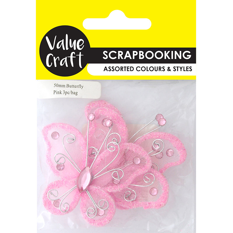 CRAFT MINI BUTTERFLY 50MM PINK 3PC